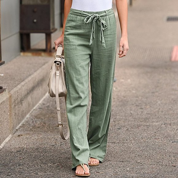 Linen Cotton Pants Solid Colors Elastic Waist with Belt, Wide Leg Multiple Sizes - Picture 2 of 6